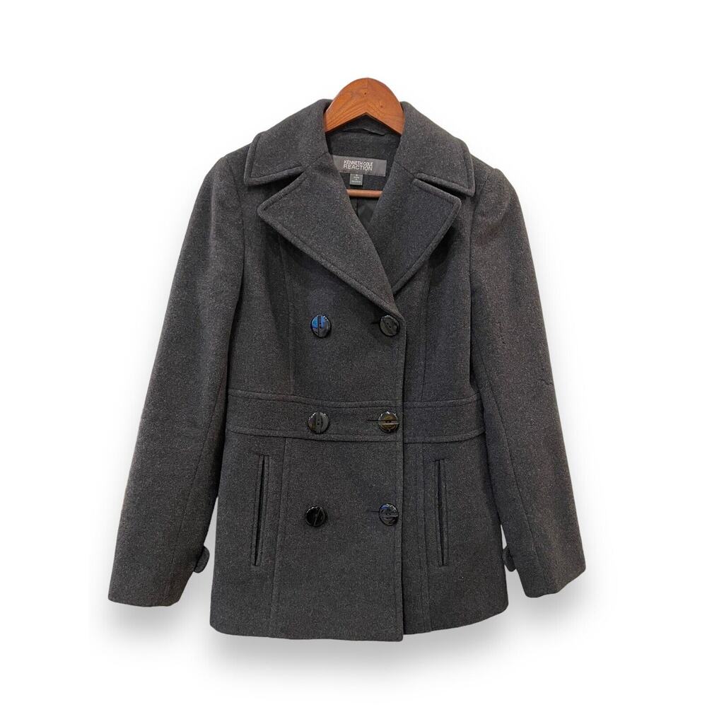 Kenneth Cole Reaction Sz 4 Dk Gray Wool Winter Double Breasted Coat Lined FLAWS